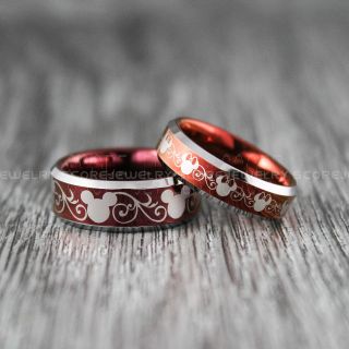 Mickey Mouse Rings, Minnie Mouse Rings, 2 Piece Couple Set Deep Velvet Red Tungsten Rings