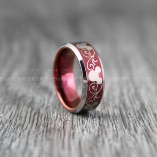 Mickey Mouse Ring, Mickey Mouse Wedding Ring, Red Mickey Mouse Ring, 8mm Deep Velvet Red Tungsten Ring