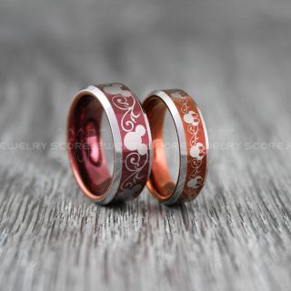 Mickey Mouse Rings, Minnie Mouse Rings, 2 Piece Couple Set Deep Velvet Red Tungsten Rings