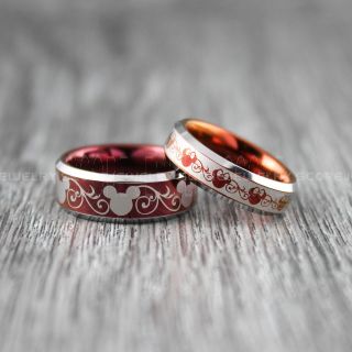 Mickey Mouse Rings, Minnie Mouse Rings, 2 Piece Couple Set Deep Velvet Red Tungsten Rings