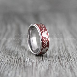 Mickey Mouse Ring, Mickey Mouse Wedding Ring, Red Mickey Mouse Ring, 8mm Deep Velvet Red Tungsten Ring