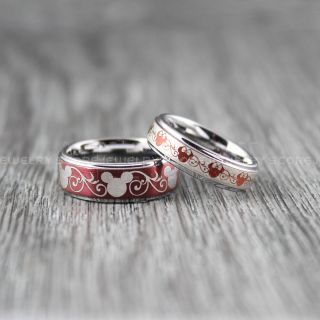 Mickey Mouse Rings, Minnie Mouse Rings, 2 Piece Couple Set Deep Velvet Red Tungsten Rings