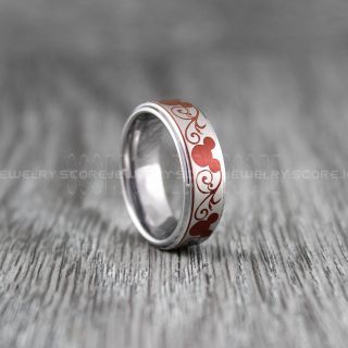 Mickey Mouse Ring, Mickey Mouse Wedding Ring, Red Mickey Mouse Ring, 8mm Deep Velvet Red Tungsten Ring