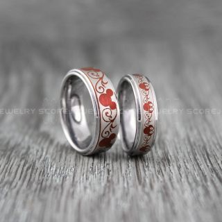 Mickey Mouse Rings, Minnie Mouse Rings, 2 Piece Couple Set Deep Velvet Red Tungsten Rings