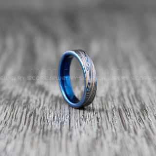Damascus Steel Ring, Damascus Steel Wedding Band, Blue Ring, Blue Tungsten Band Damascus Steel Pattern Laser Engraved Tungsten Wedding Ring