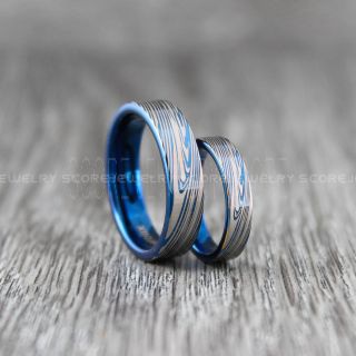 Damascus Steel Rings, 2 Piece Couple Set Damascus Steel Wedding Bands, Blue Rings, Blue Tungsten Bands Damascus Steel Pattern Laser Engraved Tungsten Wedding Rings