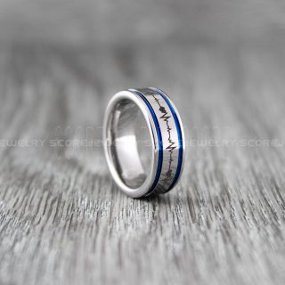 Heartbeat Ring, Heartbeat Jewelry, Silver Tungsten Ring with Two Blue Grooves, Silver Wedding Band, Heartbeat Wedding Band
