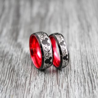 Mickey Mouse Rings, 2 Piece Couple Set 8mm & 6mm Black Tungsten Rings with Red Anodized Interior