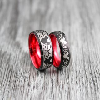 Mickey Mouse Rings, 2 Piece Couple Set 8mm & 6mm Black Tungsten Rings with Red Anodized Interior