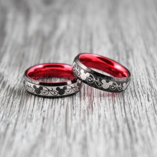 Mickey Mouse Rings, 2 Piece Couple Set 6mm Black Tungsten Rings with Red Anodized Interior