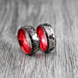 Mickey Mouse Rings, 2 Piece Couple Set 8mm Black Tungsten Rings with Red Anodized Interior