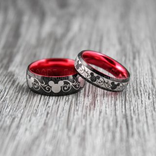 Mickey Mouse Rings, 2 Piece Couple Set 8mm & 6mm Black Tungsten Rings with Red Anodized Interior