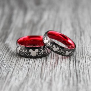 Mickey Mouse Rings, 2 Piece Couple Set 8mm & 6mm Black Tungsten Rings with Red Anodized Interior