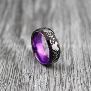Mickey Mouse Ring, 8mm Black Tungsten Band with Purple Anodized Interior, Mickey Mouse Wedding Ring