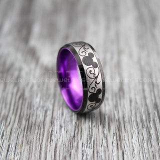 Mickey Mouse Ring, 8mm Black Tungsten Band with Purple Anodized Interior, Mickey Mouse Wedding Ring