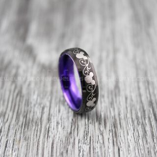 Mickey Mouse Ring, Minnie Mouse Ring, 6mm Black Tungsten Band with Purple Anodized Interior, Mickey Mouse Wedding Ring