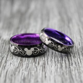 Mickey Mouse Rings, 2 Piece Couple Set 8mm & 6mm Black Tungsten Rings with Purple Anodized Interior