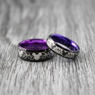 Mickey Mouse Rings, 2 Piece Couple Set 8mm & 6mm Black Tungsten Rings with Purple Anodized Interior