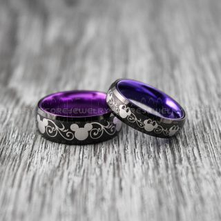 Mickey Mouse Rings, Minnie Mouse Ring, 2 Piece Couple Set 8mm & 6mm Black Tungsten Rings with Purple Anodized Interior