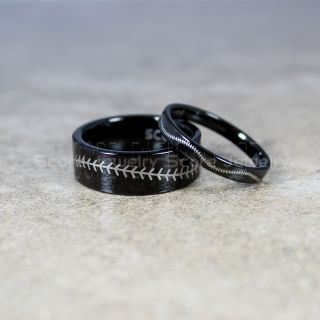 2 Piece Couple Set 8mm & 3mm Black Tungsten Bands with Flat Edge Baseball Stitch Pattern Wedding Bands 