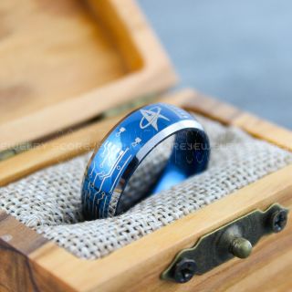 Circuit Board Ring, Star Trek Ring, Blue Wedding Ring, Blue Tungsten Band with Domed Edge Starfleet and Circuit Board Pattern, Blue Ring