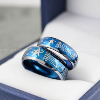 Circuit Board Rings, Star Trek Rings, 2 Piece Couple Set Blue Wedding Rings, Blue Tungsten Bands with Domed Edge Starfleet and Circuit Board Pattern, Blue Rings