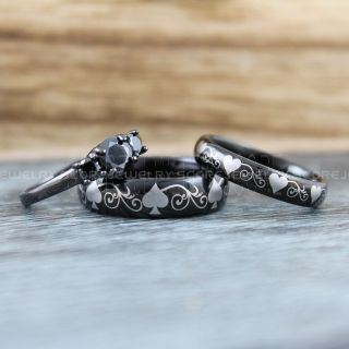 Ace of Spades Ring Poker Ring 3 Piece Couple Set Black Tungsten Bands Domed Edge Ace of Spades Card Suit Pattern, Black Tungsten Wedding Ring