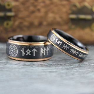 Til Valhalla Rings, Til Valhalla Jewelry, Viking Rings, Couple Set Nordic Rings, Norsemen Rings, Nordic Runes Rings, Black Tungsten Bands