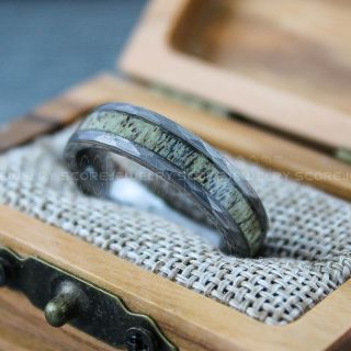 Deer Antler Ring, Hammered Ring, 6mm Silver Tungsten Band with Hammered Finish and Genuine Antler Inlay, Deer Antler Tungsten Wedding Ring