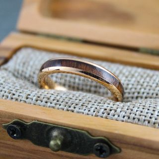 Koa Wood Ring, Koa Wood Wedding Band, 4mm 14K Rose Gold Tungsten Band with Domed Edge and Koa Wood Inlay, Koa Wood Tungsten Wedding Ring
