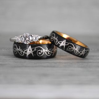 Star Trek Rings, Star Trek Wedding Bands, 3 Piece Couple Set Black Tungsten Bands Starfleet Design, Black Tungsten Trekkie Rings