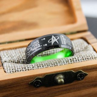 Circuit Board Ring, Star Trek Ring, 8mm Black Tungsten Band with Domed Edge Green Interior Starfleet and Circuit Board Design, Black Tungsten Trekkie Ring