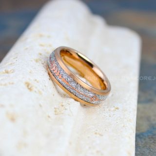 Meteorite Ring, 14K Rose Gold Tungsten Band with Meteorite Inlay, Meteorite Wedding Band, Meteorite Wedding Ring, Rose Gold Tungsten Ring, Rose Gold Wedding Band