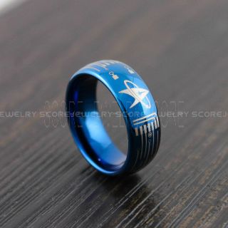 Circuit Board Ring, Star Trek Ring, Blue Wedding Ring, Blue Tungsten Band with Domed Edge Starfleet and Circuit Board Pattern, Blue Ring