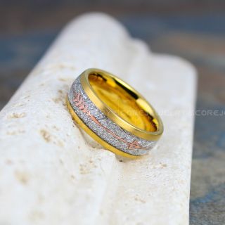 Meteorite Ring, 14K Yellow Gold Tungsten Band with Meteorite Inlay, Meteorite Wedding Band, Meteorite Wedding Ring, Yellow Gold Tungsten Ring, Yellow Gold Wedding Band