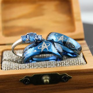 Circuit Board Rings, Star Trek Rings, 3 Piece Couple Set Blue Wedding Rings, Blue Tungsten Bands with Domed Edge Starfleet and Circuit Board Pattern, Blue Rings