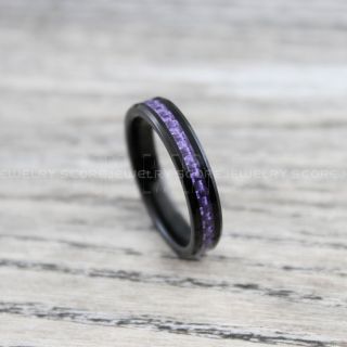 Black Wedding Ring, 4mm Black Wedding Band, Black Ring with Purple Carbon Fiber Inlay, Black Wedding Band