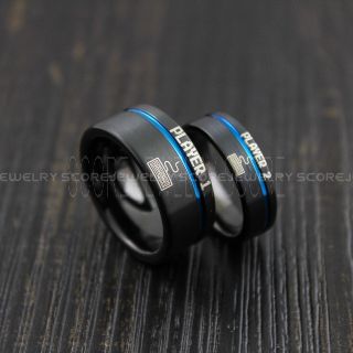 Player 1 Player 2 Rings, Gamer Rings, Black Tungsten Rings, Black Wedding Bands, Couple Ring Set Gamer Rings