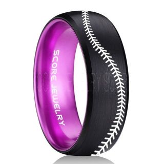 Baseball Ring, Baseball Stitch Pattern Ring, Purple Tungsten Ring, Purple Ring, Black Wedding Band, Black Wedding Ring, Baseball Stitch Ring, Purple Wedding Band