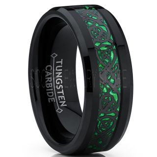 Green Ring, Green Tungsten Ring, Green Wedding Band, Black Tungsten Ring with Green Carbon Fiber Inlay Ring