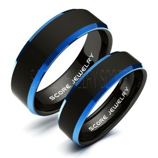 Classic 8mm & 6mm Black Tungsten Rings with Blue Beveled Edge, 2 Piece Couple Set Black Tungsten Wedding Bands, Black Wedding Bands, Black Wedding Rings, Black Tungsten Wedding Rings