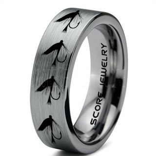 Fly Fishing Ring, Fly Fishing Lure Ring, Lure Ring, Fishing Jewelry, Fly Fishing Jewelry, Fishing Ring, Fish Hook Ring, Silver Tungsten Ring, Silver Wedding Band, Hunting Ring, Fish Hooks Wedding Band