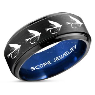 Fly Fishing Ring, Fly Fishing Lure Ring, Lure Ring, Fishing Jewelry, Fly Fishing Jewelry, Fishing Ring, Fish Hook Ring, Black Tungsten Ring, Black Wedding Band, Hunting Ring, Fish Hooks Wedding Band
