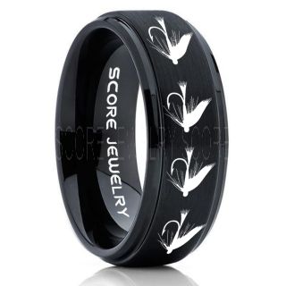 Fly Fishing Ring, Fly Fishing Lure Ring, Lure Ring, Fishing Jewelry, Fly Fishing Jewelry, Fishing Ring, Fish Hook Ring, Black Tungsten Ring, Black Wedding Band, Hunting Ring, Fish Hooks Wedding Band
