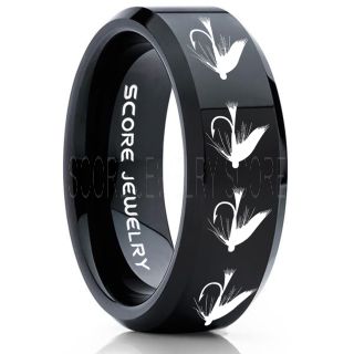 Fly Fishing Ring, Fly Fishing Lure Ring, Lure Ring, Fishing Jewelry, Fly Fishing Jewelry, Fishing Ring, Fish Hook Ring, Black Tungsten Ring, Black Wedding Band, Hunting Ring, Fish Hooks Wedding Band