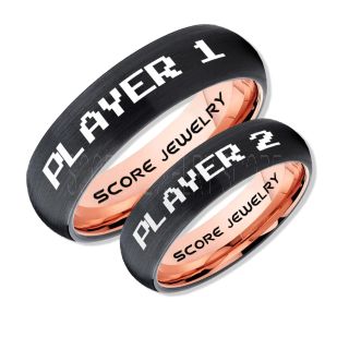 Gamer Rings, Couple Ring Set, Player 1 Player 2 Rings, Gamer Jewelry, Black Gamer Wedding Rings, Black Tungsten Gamer Wedding Bands, Black Tungsten Rings, Black Wedding Bands