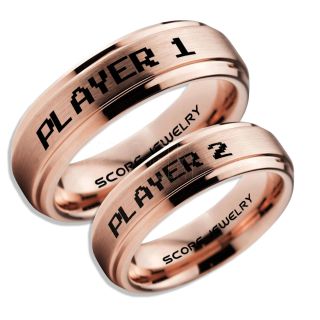 Gamer Rings, Couple Ring Set, Player 1 Player 2 Rings, 14K Rose Gold Gamer Wedding Rings, Rose Gold Tungsten Gamer Wedding Bands, Rose Gold Tungsten Rings, Rose Gold Wedding Bands, Gamer Jewelry