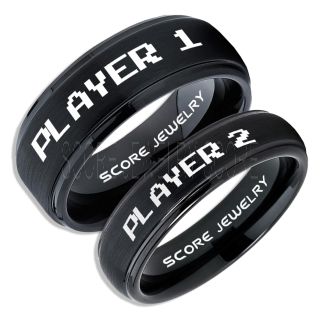Gamer Rings, Couple Ring Set, Player 1 Player 2 Rings, Gamer Jewelry, Black Gamer Wedding Rings, Black Tungsten Gamer Wedding Bands, Black Tungsten Rings, Black Wedding Bands