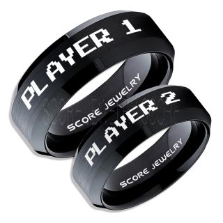 Gamer Rings, Couple Ring Set, Player 1 Player 2 Rings, Gamer Jewelry, Black Gamer Wedding Rings, Black Tungsten Gamer Wedding Bands, Black Tungsten Rings, Black Wedding Bands