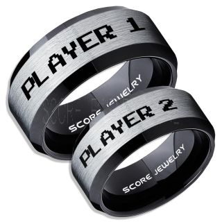 Gamer Rings, Couple Ring Set, Player 1 Player 2 Rings, Gamer Jewelry, Black Gamer Wedding Rings, Black Tungsten Gamer Wedding Bands, Black Tungsten Rings, Black Wedding Bands